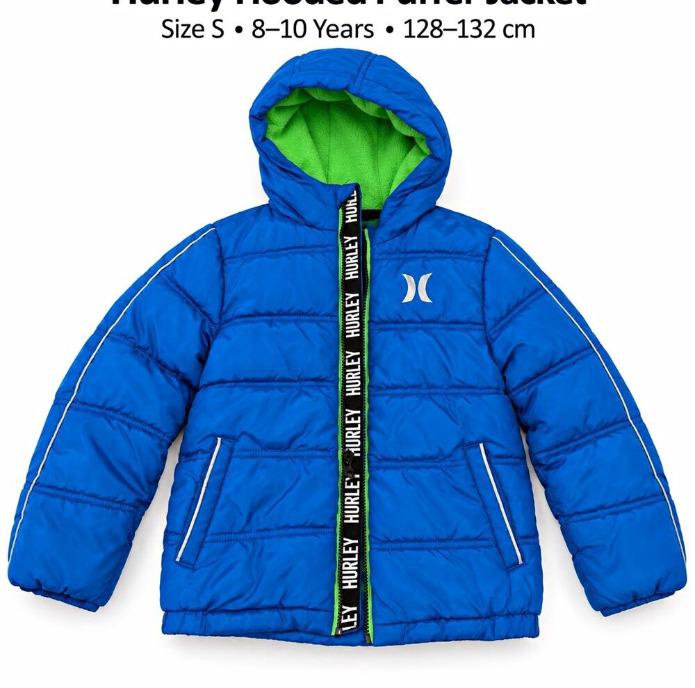 Hurley Kids Solid Puffer Hooded Full Zip Jacket w/ Pockets Blue/Green Sz S